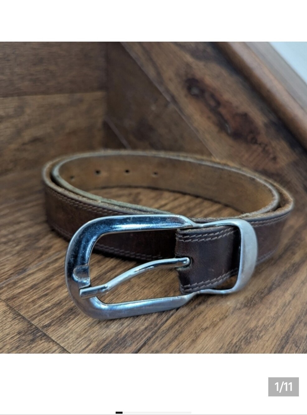 Vintage Brown leather Belt with a classic Silver oblong buckle Unisex Size S/M